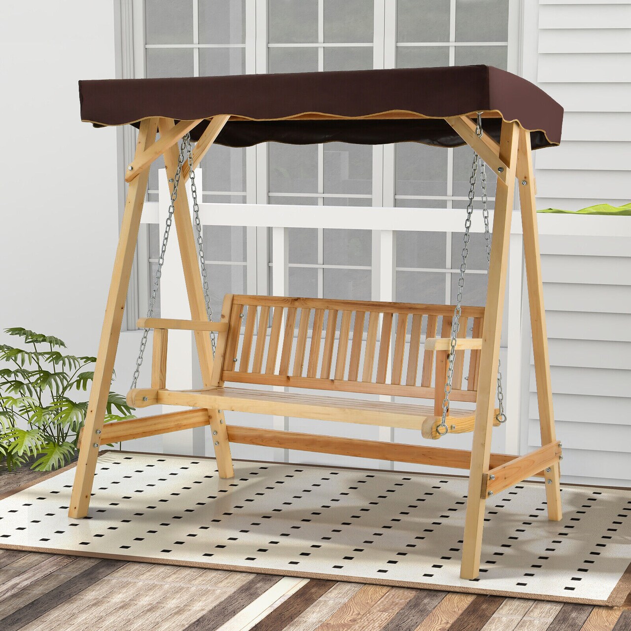 Wooden swinging bench with canopy sale